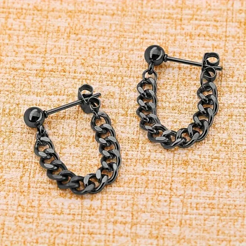 NEW 2 pairs - Punk Style Silver & Black Chain Dangle Earrings Stud Front